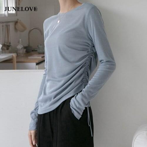 JuneLove Women Autumn Chic T-shirt Vintage Soft Female Drawstring Long Sleeve T-shirts Casual Street Wear Lady Knitted Tees Tops