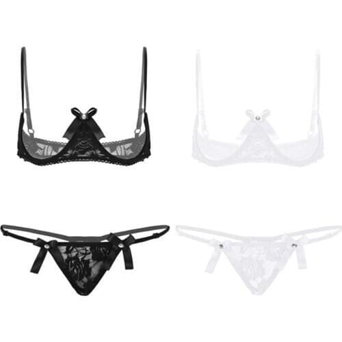 MSemis Women Femme cLace Transparent Stripper Micro Bikini Set Exposed Breasts Underwired Shelf Bra G string Exotic Lingerie Set