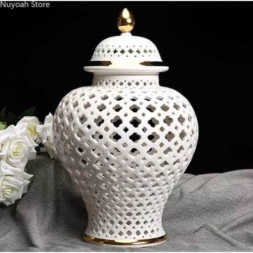 Creative Ceramic Hollow White Vase Decoration Golden Stroke Handicraft Flower Arrangement Decoration Modern Home Decoration