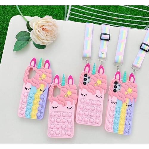 For iPhone 12 11 Pro Max Xs XR 6 7 8Plus Case Soft Silicone Unicorn Fidget Toys Push Pop Soft Case With Rope