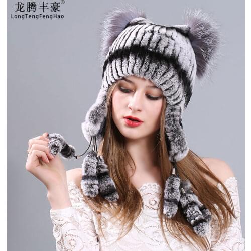 Russian Hat Cap Women Rabbit Fur Hats Women Cap Warm Winter 100% Natural Fur Beanies Knitted Casual Genuine Fur Caps Female