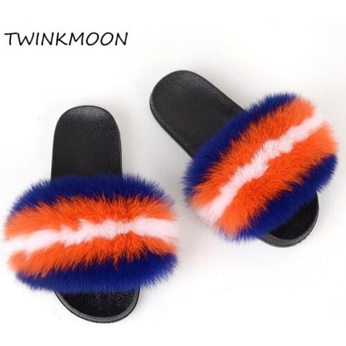Fox Fur Slides Women Luxury Fluffy Slippers Pink Black Flats Sandals Female Cut High Quality 2020 New Women Furry Slides