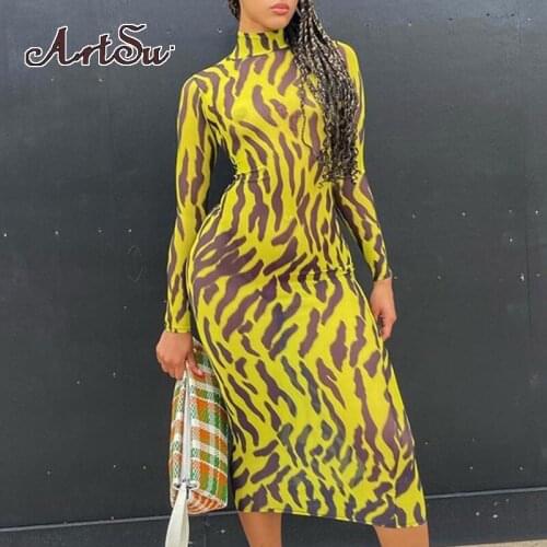 Artsu Leopard Yellow Long Sleeve Dresses Women Turtleneck Sexy See Through Streetwear Y2K Autumn Maxi Dress Party Club Wear