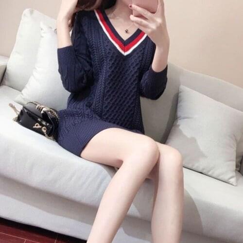 Royal Blue Pullover Sweater Dresses Women Knit Sweater Dress Autumn Winter Korean Sexy Slim Mini Dress Long Sleeve Casual Dress