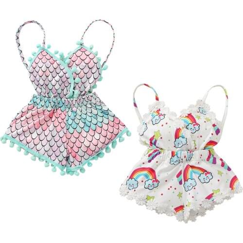 2021 New Summer 0-3Y Baby Girl Rainbow/Scale Print Romper V-Neck Spaghetti Straps Sleeveless Flower Lace/Ball Tassels Clothes