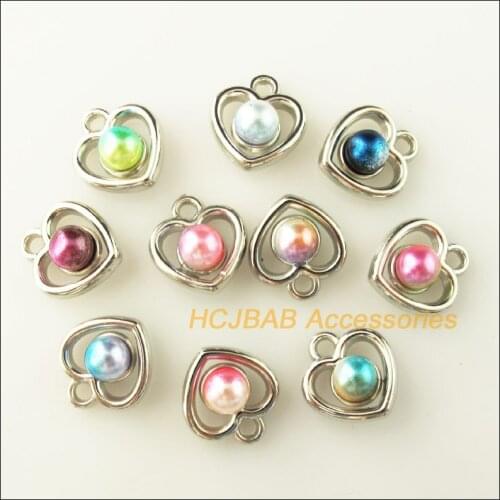 30Pcs Dull Silver Plated Heart Colored Acrylic Charms Pendants 13x14mm