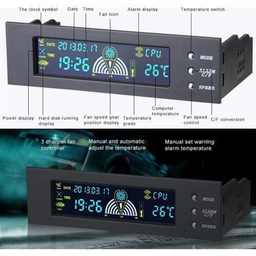 5.25 Inch Bay Front LCD Panel Display 3 Fan Speed Controller CPU Temperature Sensor Probes 5 - 90 celsius degree