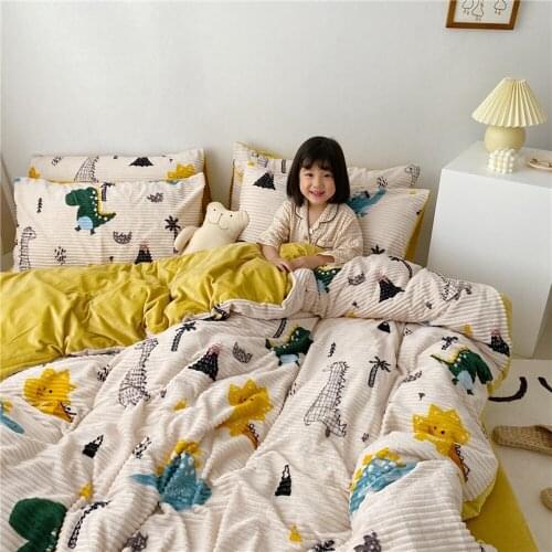 Flannel Bedding Set Crystal Velvet Coral Fleece Winter Duvet Cover Quilt Cover Bedsheet Double Sided Velvet Pillowcases Flat Bed