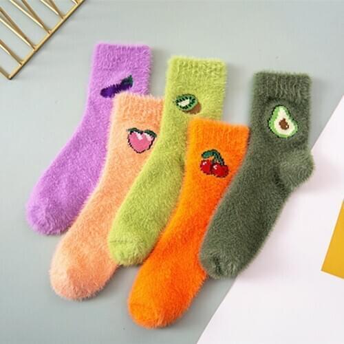 Fruit Avocado Candy Warm Lady Cute Winter Kawaii Thick Casual Women Socks Fuzzy Fluffy Terry Warm Socks Short Cute Cotton Socks