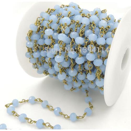 Light Green Glass Faceted Oval Beads Beaded Chain, Wrapped Wire Beaded Beads Chain