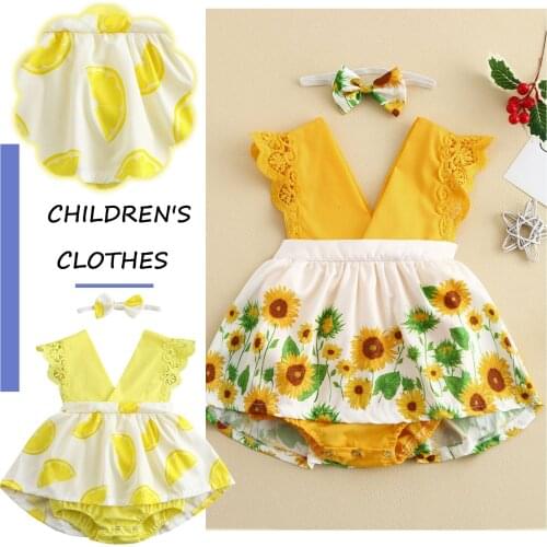 3-18M Toddler Girl Baby Bodysuit Solid Color Ruffled Jumpsuit Sunflower Lemon Print Romper +Headband Outfits Set baby kleding L