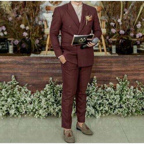 Burgundy Mens Suits Peaked Lapel Double Breasted Wedding Suits for Men Costume Mariage Homme Prom Suits 2 Piece Coat+Pant