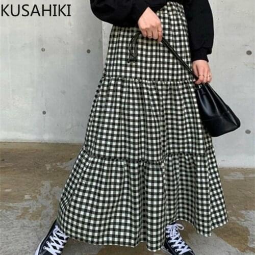 KUSAHIKI Korea Chic Korean Plaid Woman Skirts High Waist A-line Patchwork Ruffle Skirt Causal 2021 Sprign New Faldas Mujer 6G217