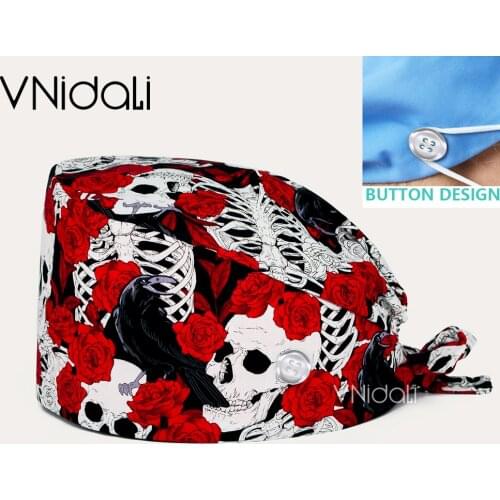 Fashion Skull printing Tieback medical Surgery Cap lab nurse nursing cap with Protect Ears Button scrubs hat long hair
