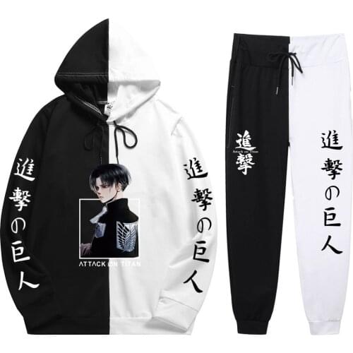 2021 Autumn Summer 2 Pieces Sets Anime Attack on Titan Print Patchwork Thin Hoodie+Patchwork Pants Fashion Men Sweatshirt Cool