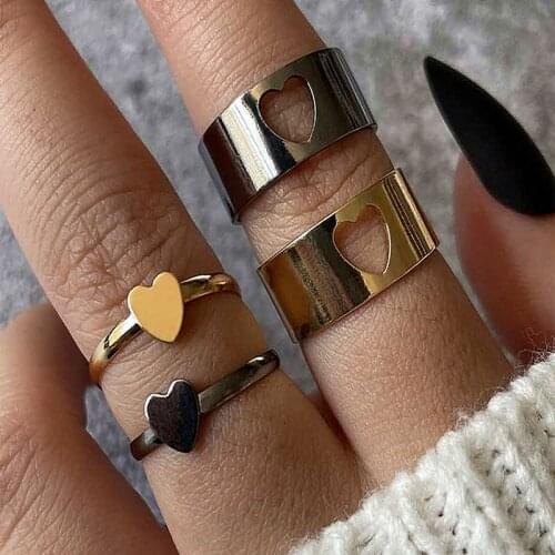 4 Pcs/Set Men Women Fashion Couple Rings Hollow Peach Heart Ring Set Ladies Cute Sweet Party Jewelry Lover Gift