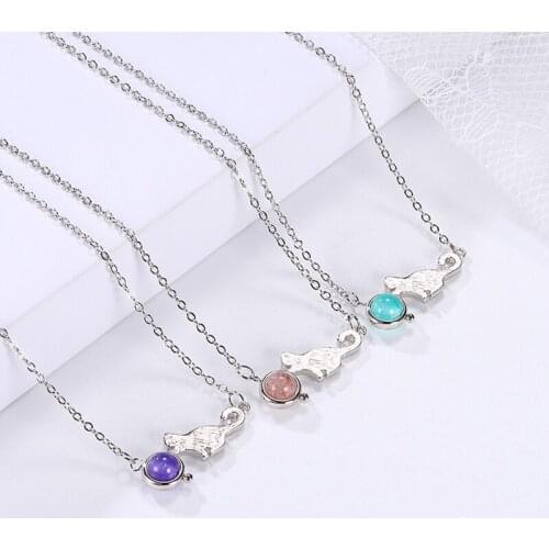 Cute 3-Color Natural Stone Cat Pendant Necklace Charming Female Silver Color Clavicle Chain Sweet Girl Party Jewelry Gift