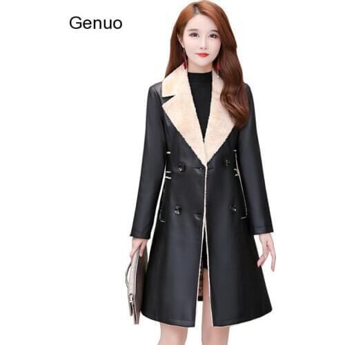 Womens Winter Pu Fur Coat Fashion Leopard Print Lapel Double-Breasted Add Velvet To Thicken Medium Length Plus-Size Jacket