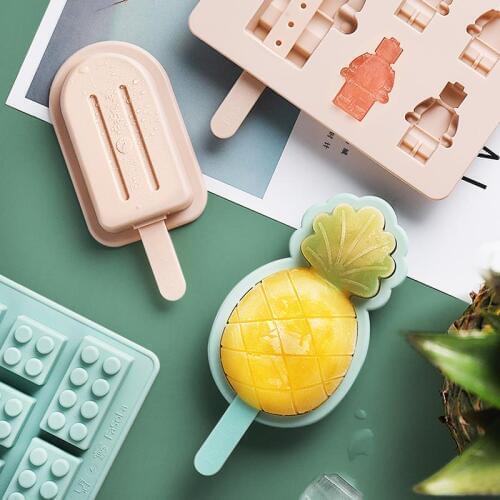 Food Grade Silicone Ice Cream Molds Reusable Pudding Ice Lolly Moulds Freezer Cartoon Ice Cube Maker Popsicle Sticks DIY Tools