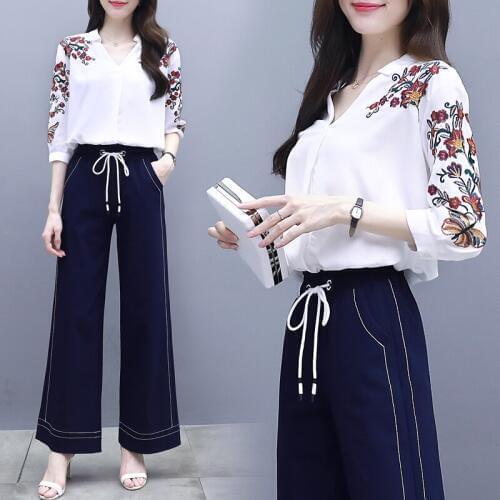 Embroidery Shirts Wide Leg Pants Two Piece Set Temperament Fashion Ensemble Femme Survetement Brief Wild Thin Womens Suit