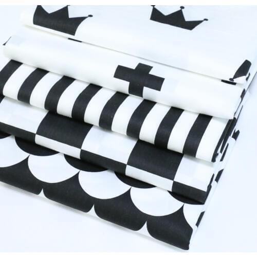 100% cotton twill cloth nordic wind black and white geometric crown check wave fabric for DIY cushions clothes handwork quilting