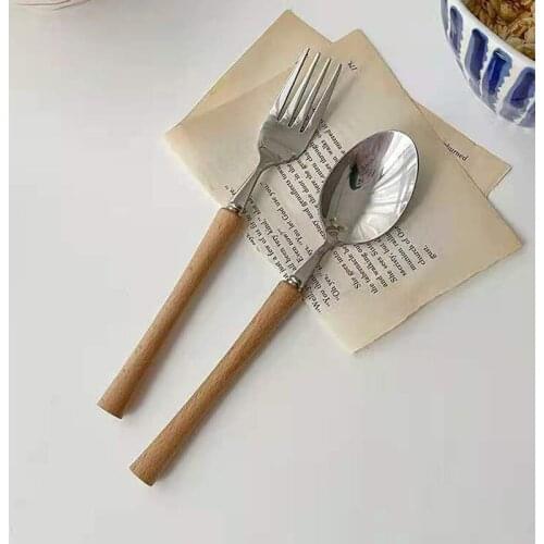 Fork Soup Spoon Stainless Steel Simplicity Fruit Yogurt Table Wooden Handle Tableware Two-piece Suit Household Dinnerware