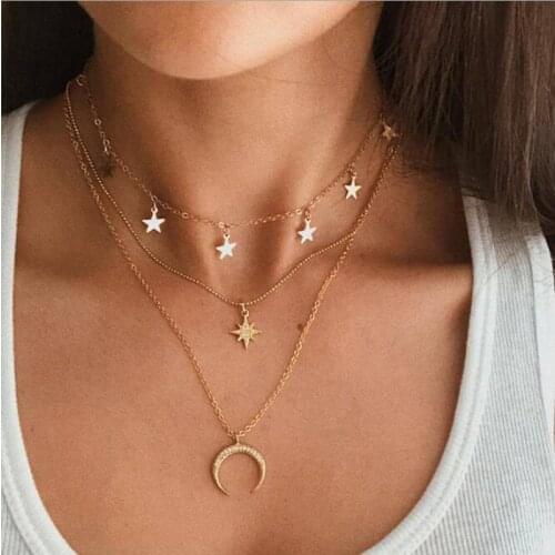 Vintage Multilayer Star Pendant Necklaces for Women Crystal Moon Necklace Gold Color Chains Boho Style Neckless Fashion Jewelry