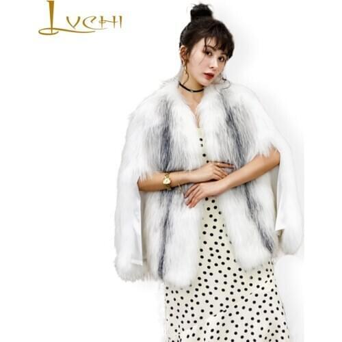 LVCHI 2019 Winter Real Fur Coats Natural Fox Fur Coat Womens V-Neck Gradient Pure Color Short Cloak Shawl Silm Fox Fur Coats