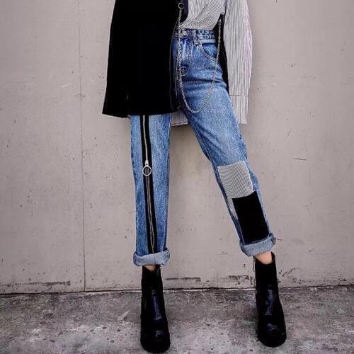2019 spring street hip-hop women zipper color paste patch denim trousers fringed trousers straight leg
