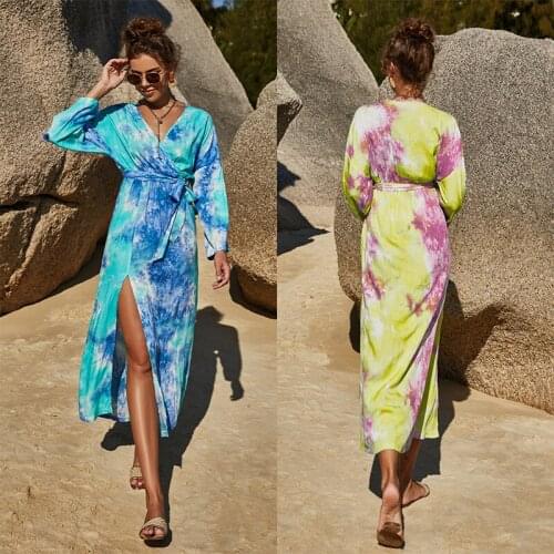 Female Long Maxi Dress Women Tie-Dyed V-Neck Long Sleeve Sexy Dress with Waist Belt Holiday Sundress Summer Dress Plus Size S-XL