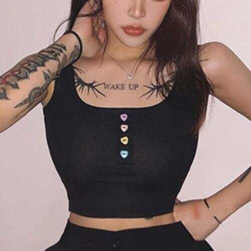 Women Summer Sleeveless Tank Crop Top Sexy U-Neck Candy Color Heart Buttons Slim Vest Ribbed Knit Harajuku Streetwear