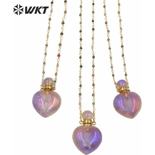 WT-N1238 Amazing elegant stone necklace in 18 inch heart shape aura purple stone perfume bottle necklace with rosary chain