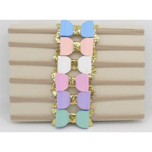 12pcs/lot 6 colors Excellent Elasticity PU Leather Bow Nylon Headband Synthetic Leather Gold Glitter Bow Girl Elastic Head Band