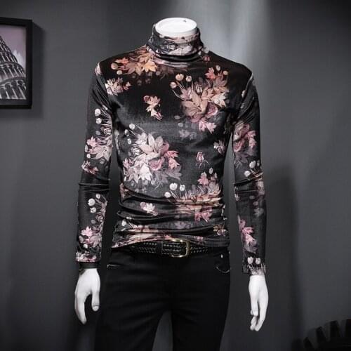 2020 Fashion Brand Clothing Turtleneck Mens T Shirt Floral Print Long Sleeve Fitness Casual For Male Club Outfits T-shirt M-5XL