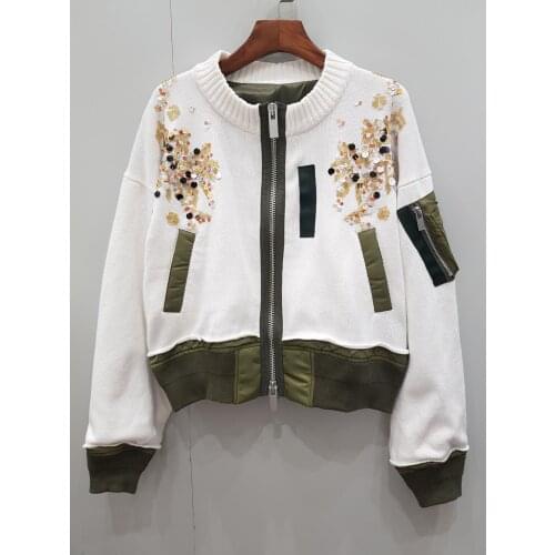 2021FW Luxury High Quality Women Sequined Beading White Patchwork Knitted Baseball Coat Female Casual Jacket Tutu