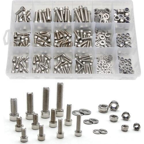 345PCS M5/M6/M8 Stainless Steel Round Column Hexagon Head Cylinder Screw Locknut Nut Bolt Washer Assortment Kit