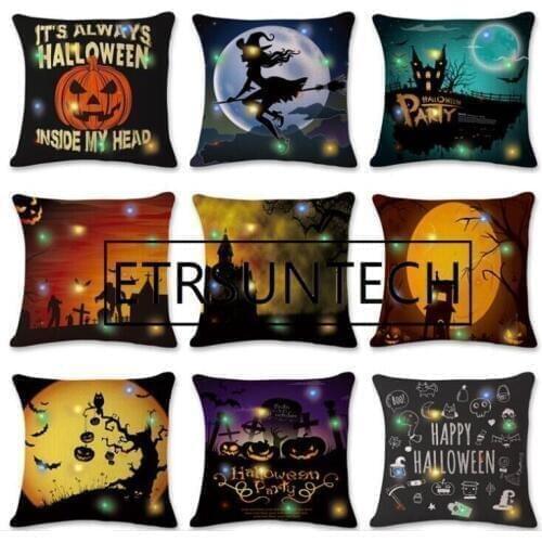 50pcs 45*45cm New LED Flashing Lights Halloween Series Home Pillowcase Party Print Distinctive Cushion Cover
