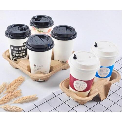 50PCS Disposable Paper Pulp Cup Tray Paper Coffee Holder Takeout Coffee Milk Tea Paper Tray 2 Cups Drink Carrier for Cafe Store