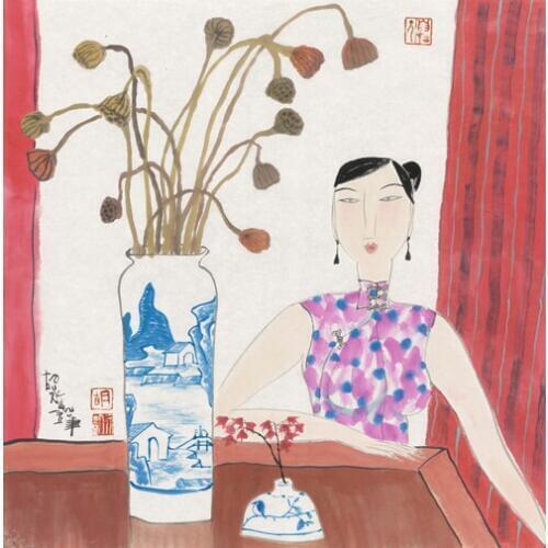 Free shipping Chinese women cheongsam scenery oil painting canvas painting prints on canvas home wall art decoration picture