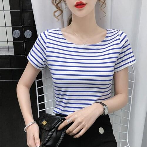 New Casual Soft Cotton Summer Blouses O-Neck Blue White Stripe Slim Shirts For Womens Tops S-5XL Clothing 2021 Blusas Female