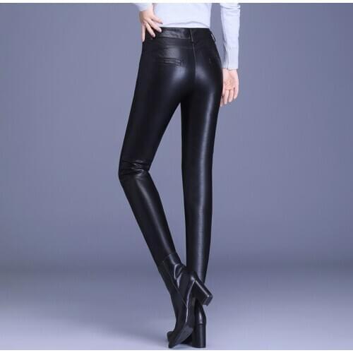 Black Autumn PU Leather Pants Women High Waist Skinny Push Up Leggings Sexy Trousers Zippers Anti-water Casual Plus Size Pants