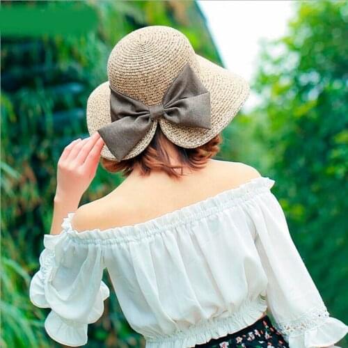 Womens Sun Hat Big Bow Wide Brim Floppy Summer Hats For Women Beach Panama Straw hat Sun Protection Visor Femme Cap