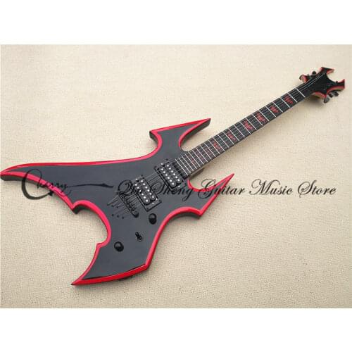 Free shipping 6 strings BC electric guitar, irregular black guitar,tremolo bridge HH pickups,red binding,red inlay