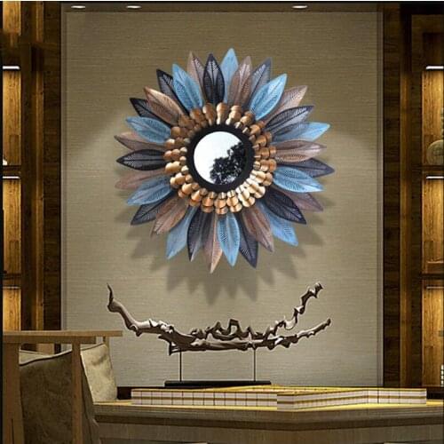 European Wrought Iron Decorative Mirror Wall Hanging Ornaments Decoration Crafts Home Livingroom Hotel 3D Wall Sticker Mural Art