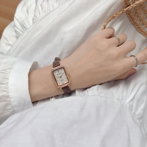 Qualities Womens Fashion Rectangle Watches Retro Bamboo Pattern Vintage Leather Wristwatches Simple Small Ladies Quartz Clock