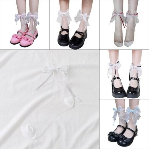 Japanese Lolita Ribbon Bow Glass Fiber Short Socks Summer Casual Ultra Thin Transparent Kawaii Sweet Lace Mesh Hosiery