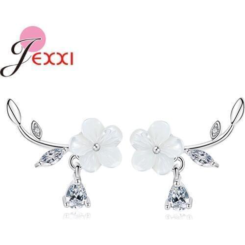 Beautiful White Crystal Wintersweet Branch Stud Earrings 925 Sterling Silver Piercing Pendientes Women Christmas Party Gift