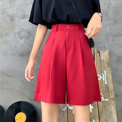 Red shorts women loose high waist wide leg Solid harajuku plus size Straight summer korean fashion black shorts elastic DK568