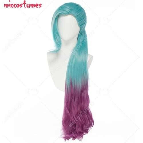 LOL Girls New Skin Seraphine K/DA ALL OUT Superstar Idol Gradient Mixed Blue Purple Long Cosplay Wig with Ponytail