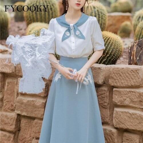 Sweet Two-piece Suits Female Summer French Retro White Bow Shirts + High Waist Skirts Korean Fashion Elegant Women Sets